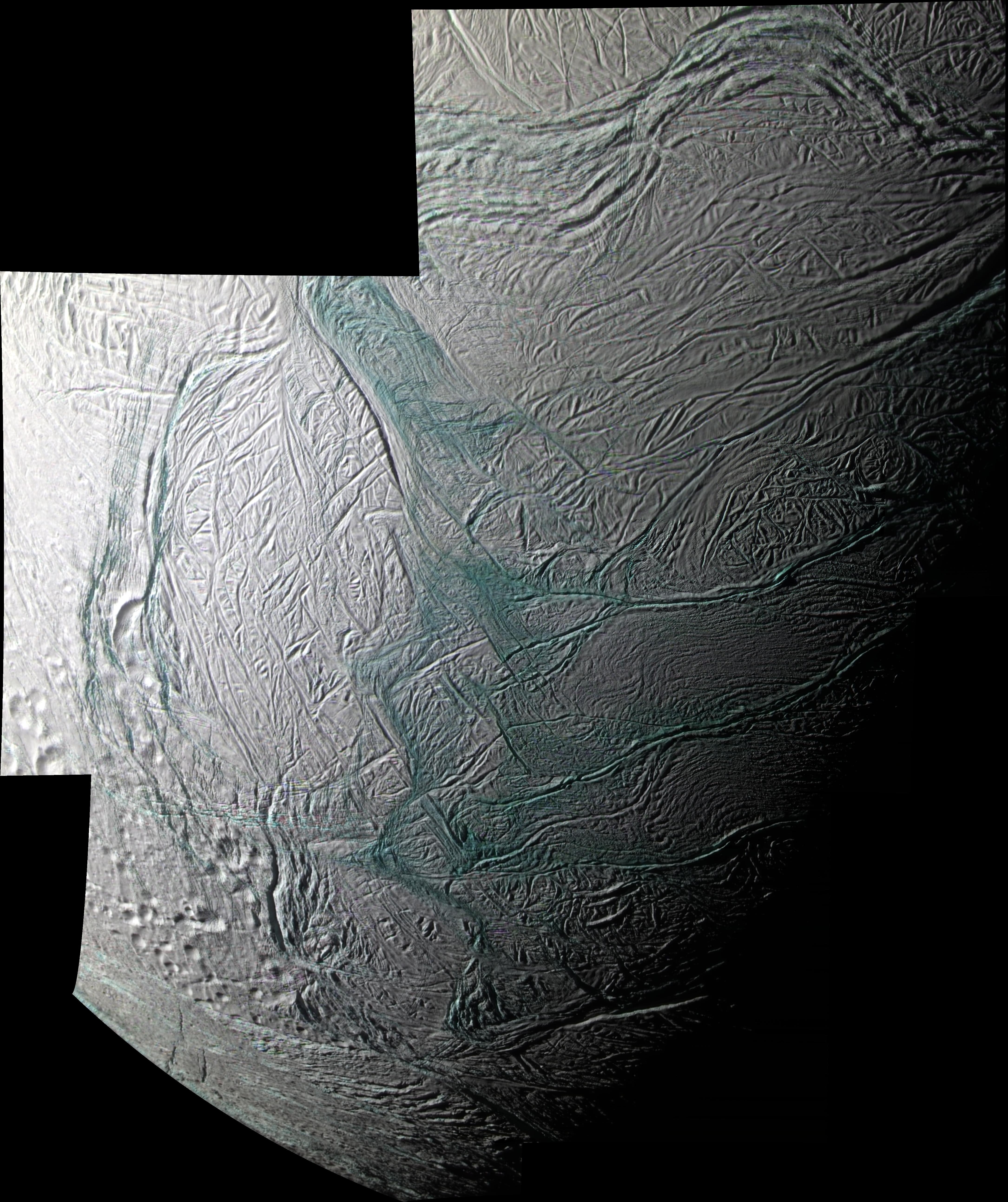 False-color mosaic of the southern hemisphere of Enceladus with the tiger stripe fractures