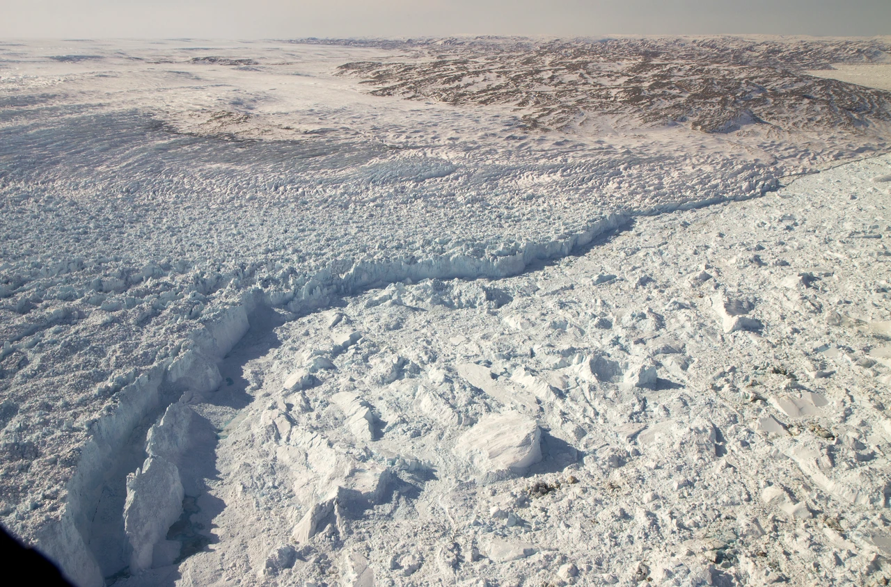 The calving front of Jakobshavn Glacier in western Greenland, seen from NASA's Operation IceBridge aircraft