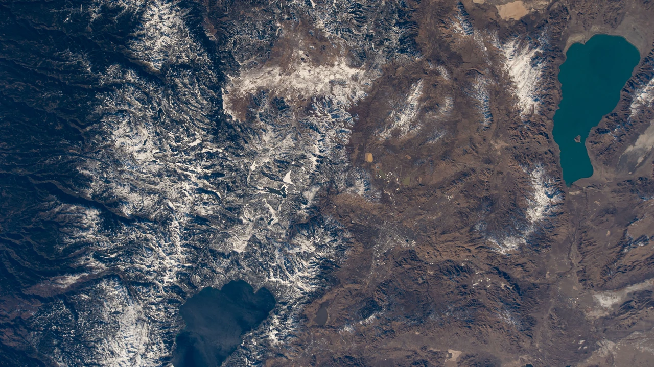 Lake Tahoe, Pyramid Lake and the snow-capped Sierra Nevada seen from the International Space Station