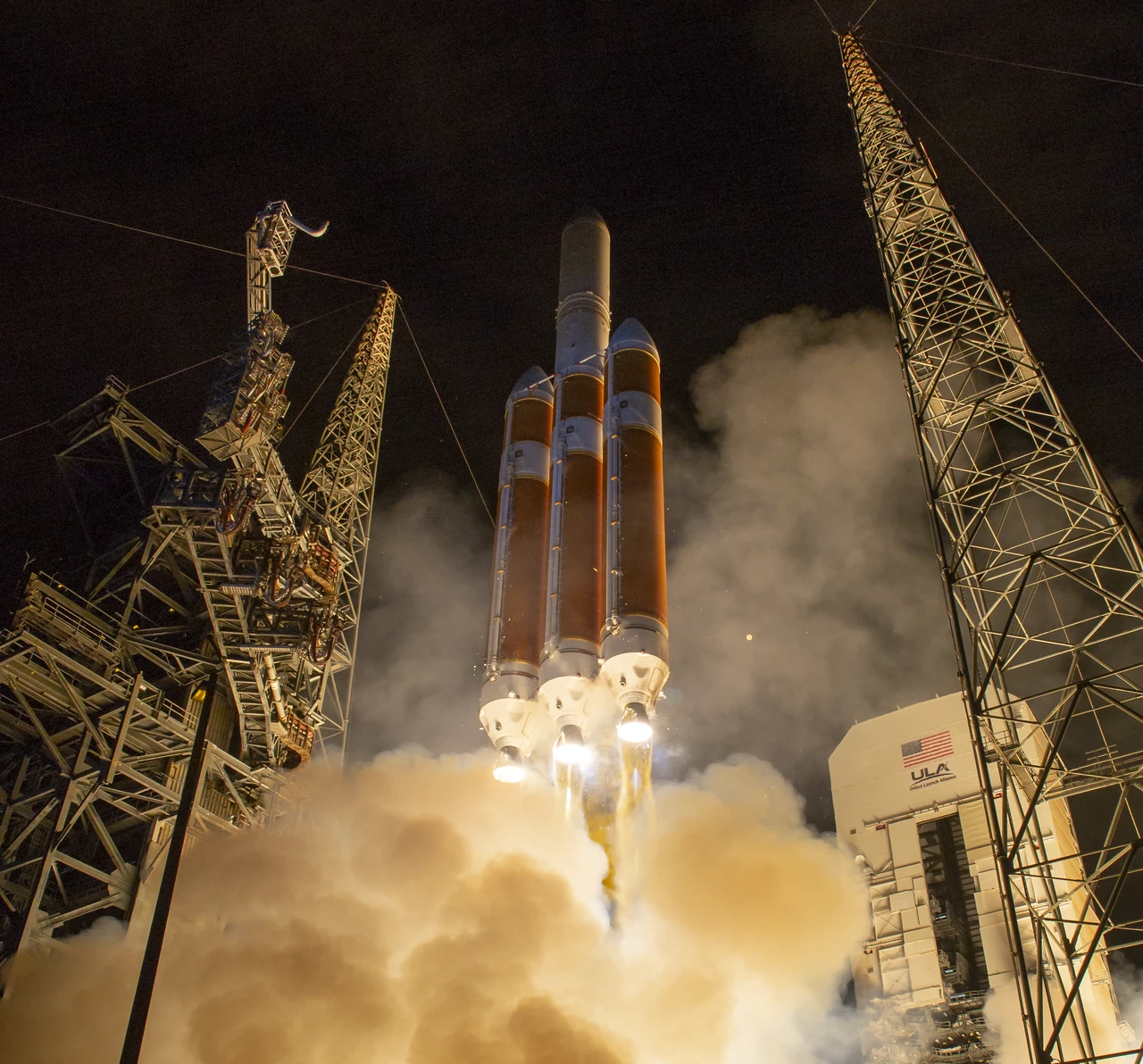 A Delta IV Heavy rocket lifts off at night carrying NASA's Parker Solar Probe, Aug. 12, 2018
