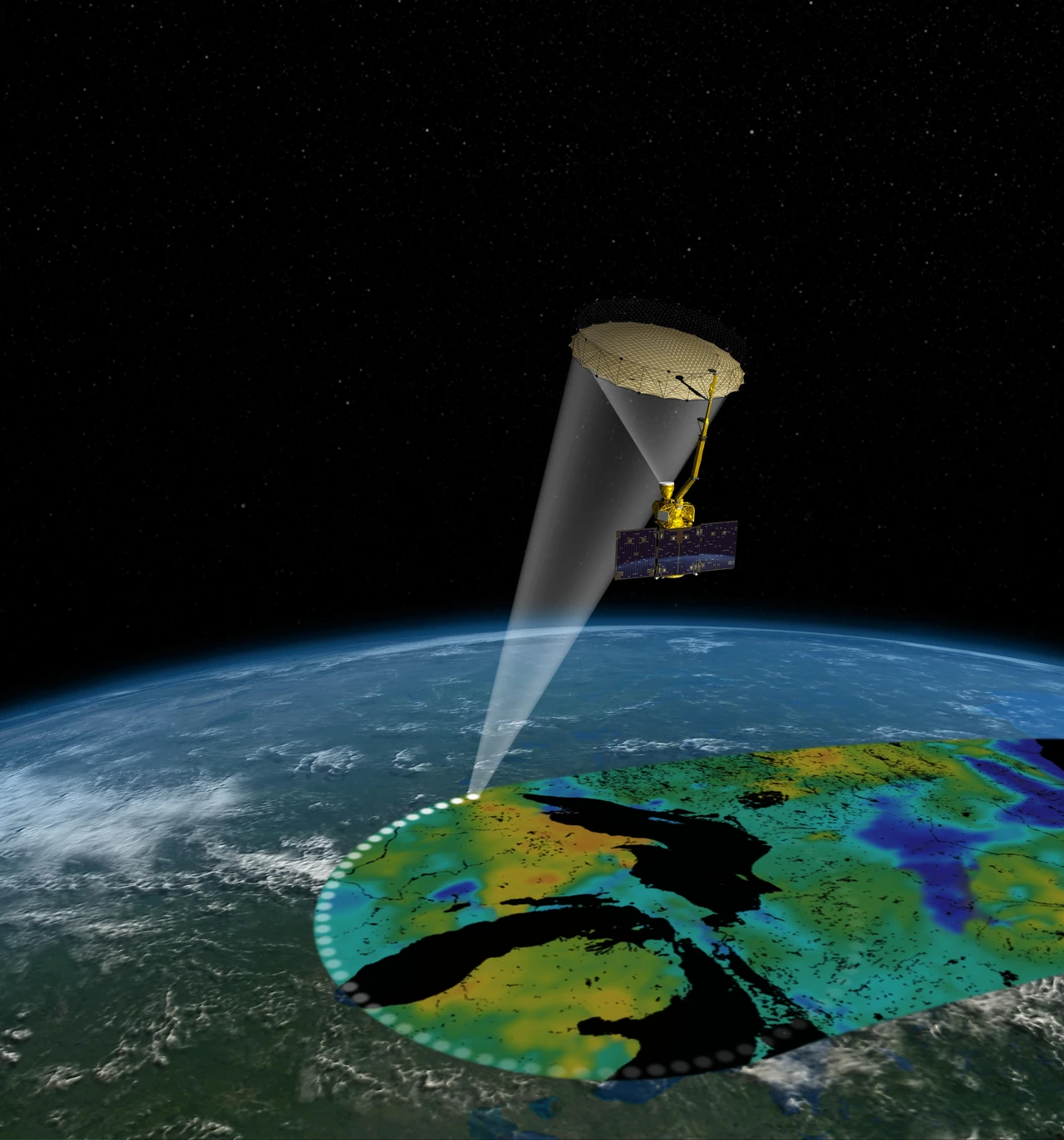 Artist's rendering of NASA's SMAP satellite scanning a wide strip of Earth's surface