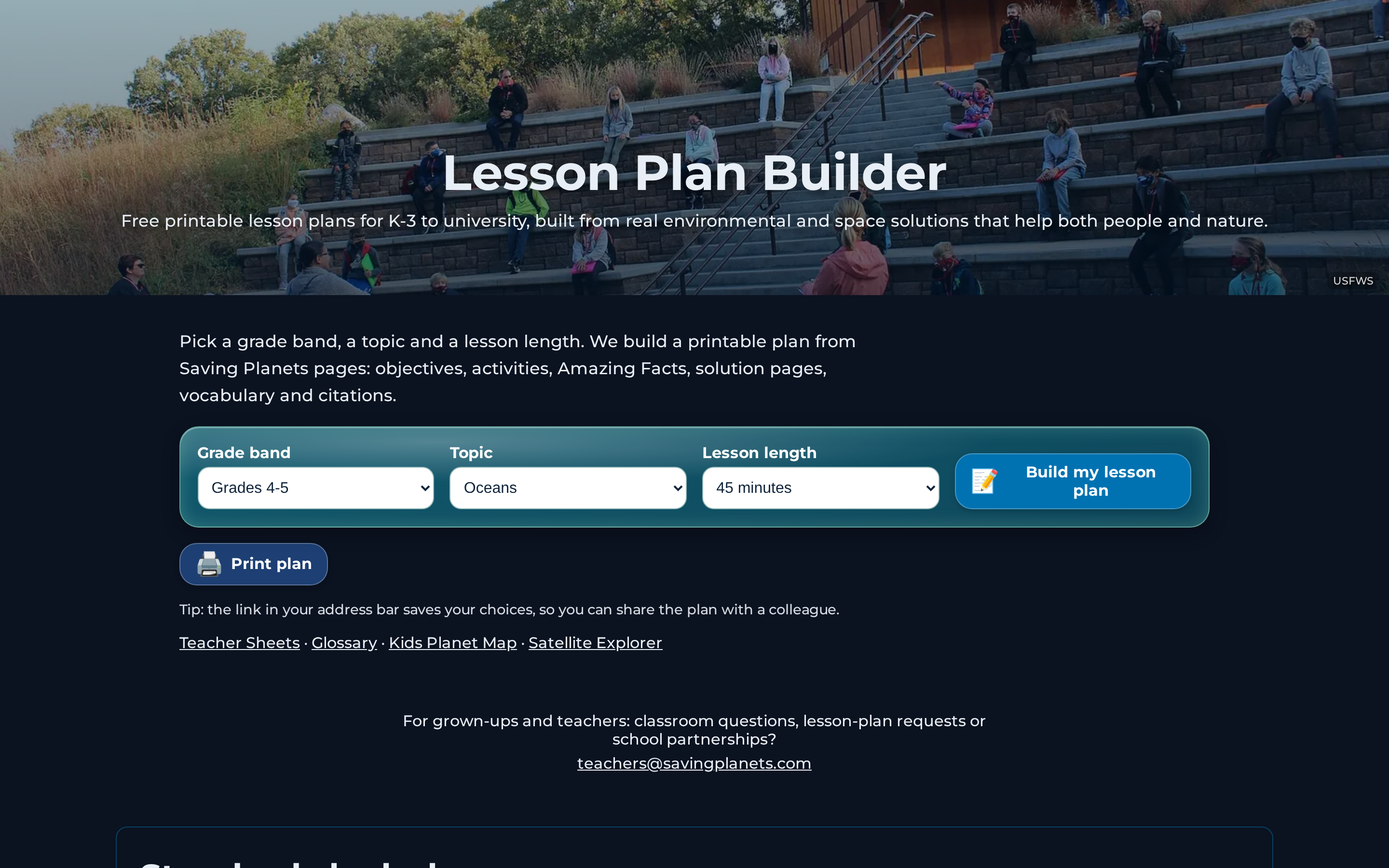 Capture d'écran de la page Créateur de plans de cours et fiches enseignants sur Saving Planets