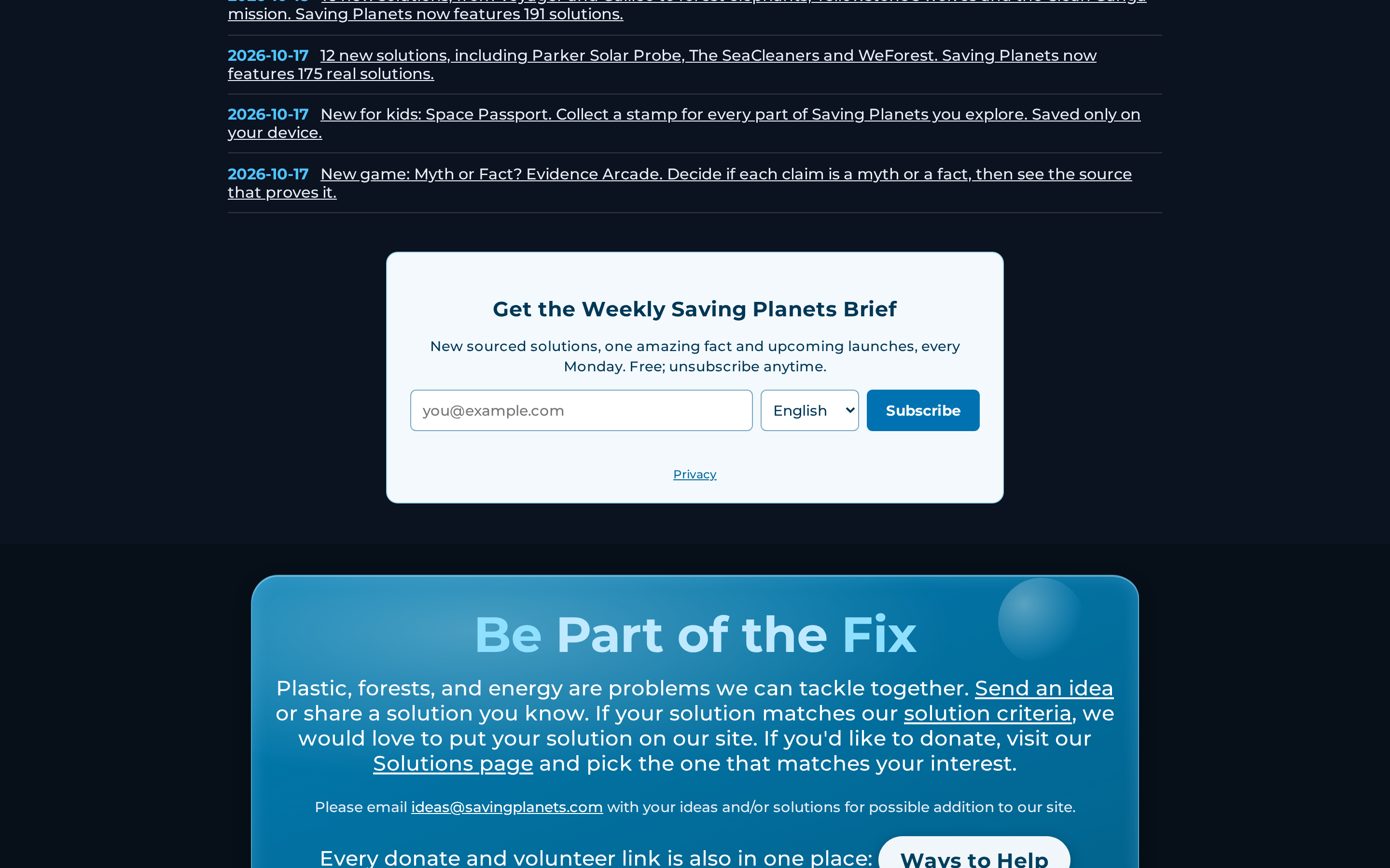 Capture d'écran de la page Le bulletin hebdomadaire sur Saving Planets