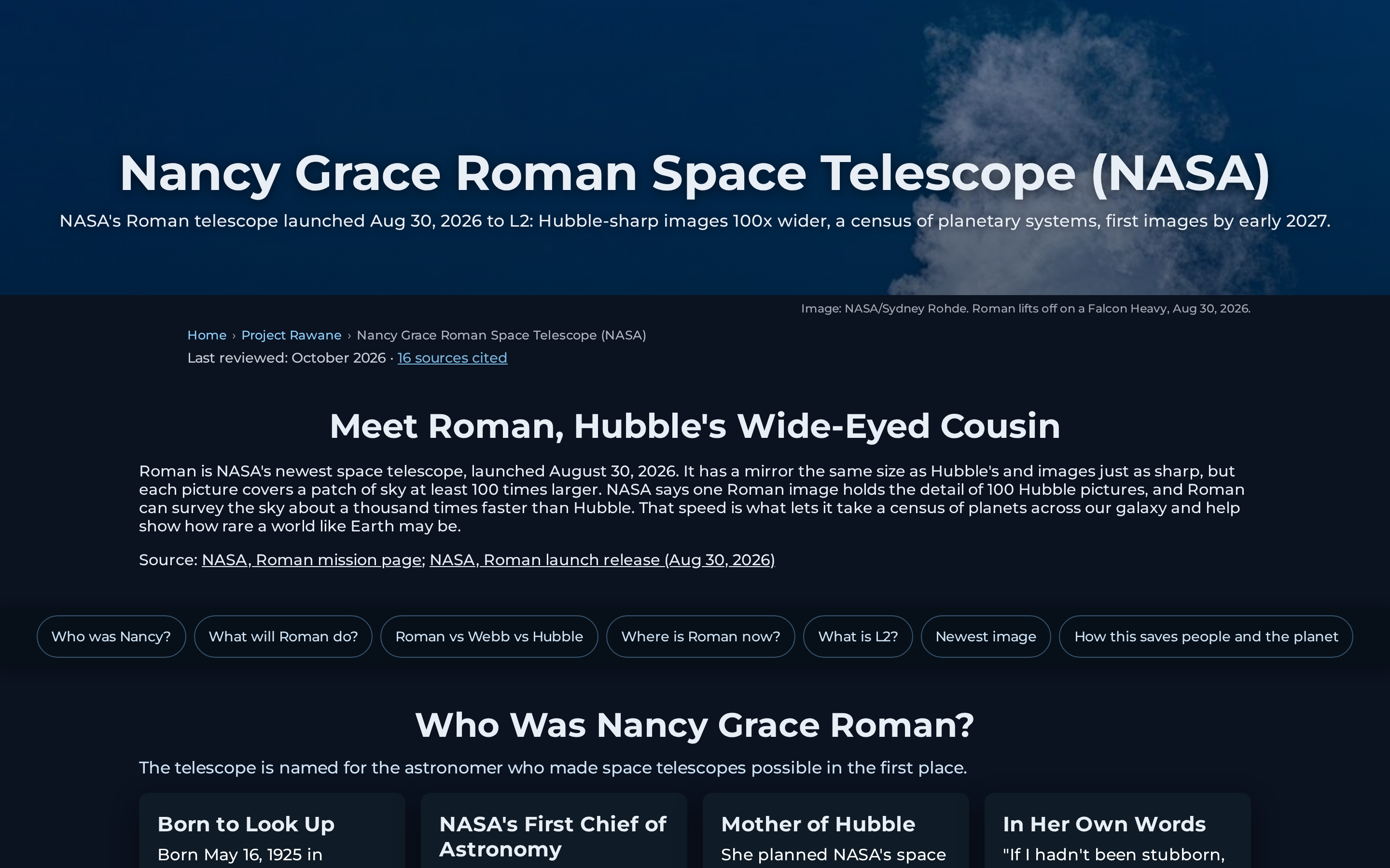 Capture d'écran de la page Suivi du télescope Nancy Grace Roman sur Saving Planets